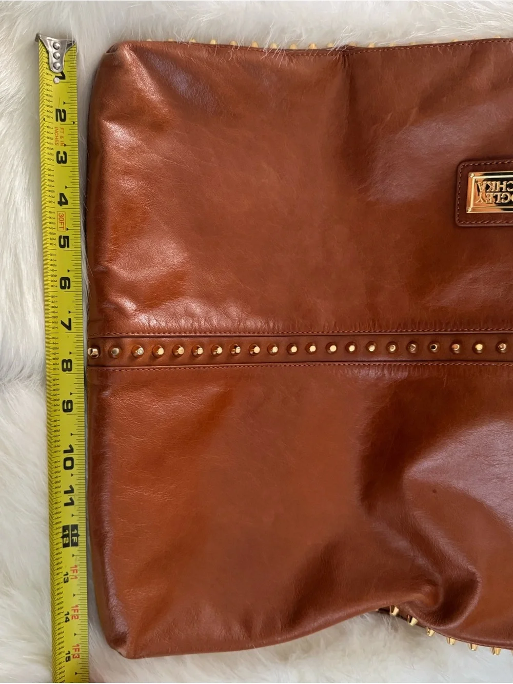 Badgley Mischka Chestnut Brown Leather Studded Tote Without Strap